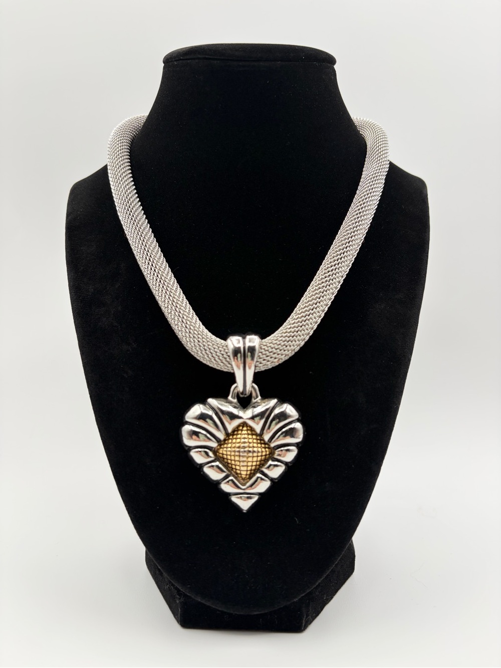 Vintage Silver Tone Mesh Necklace with Heart Pendant